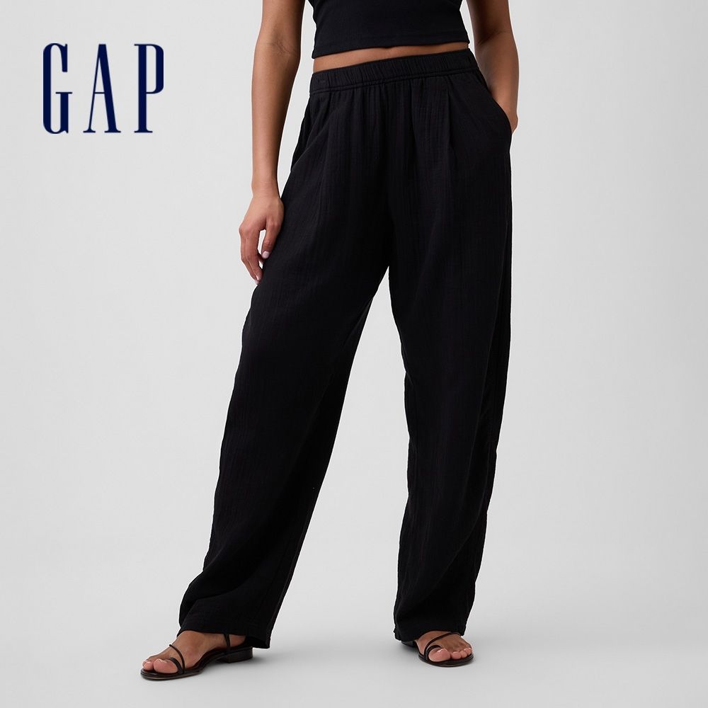 【GAP】中腰套穿式筒形紗布長褲-黑色/咖啡/亮白/粉紅色/襯衫藍(874410) (黑色)