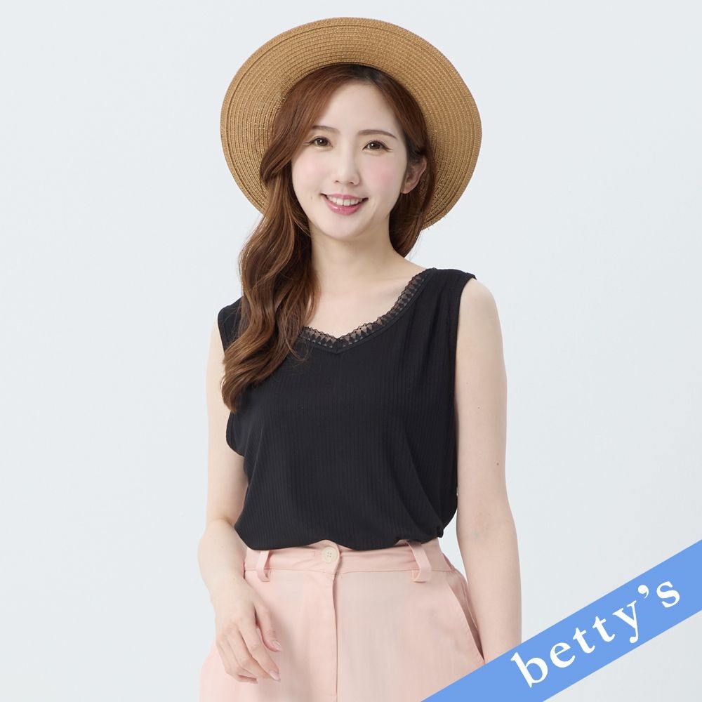 betty’s貝蒂思　優雅蕾絲拼接坑條無袖T-shirt(黑色) (黑色)