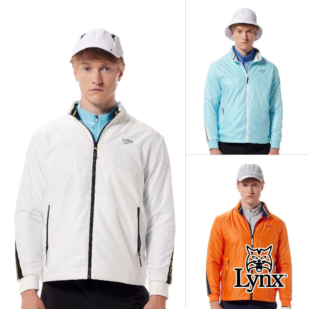 【Lynx Golf】男款保暖刷毛防風防潑水羅紋提織剪接造型拉鍊口袋長袖外套(三色) (白色)