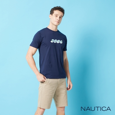 Nautica男裝 幾何圖形撞色品牌LOGO短袖T恤-深藍色