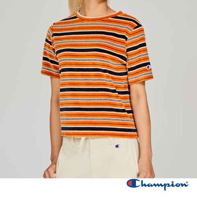 Champion 官方直營 女款 CASUAL 寬版條紋短袖TEE-橘x深藍色(CW-B305-38E)