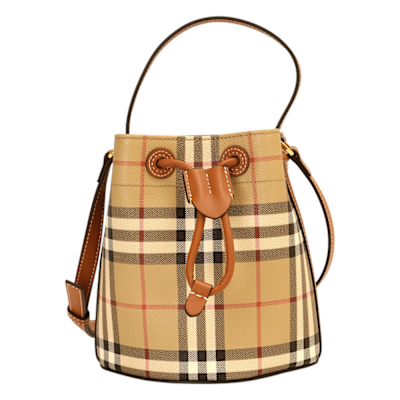 BURBERRY Check 經典格紋皮革邊拉束兩用水桶包(卡其x棕木)mini