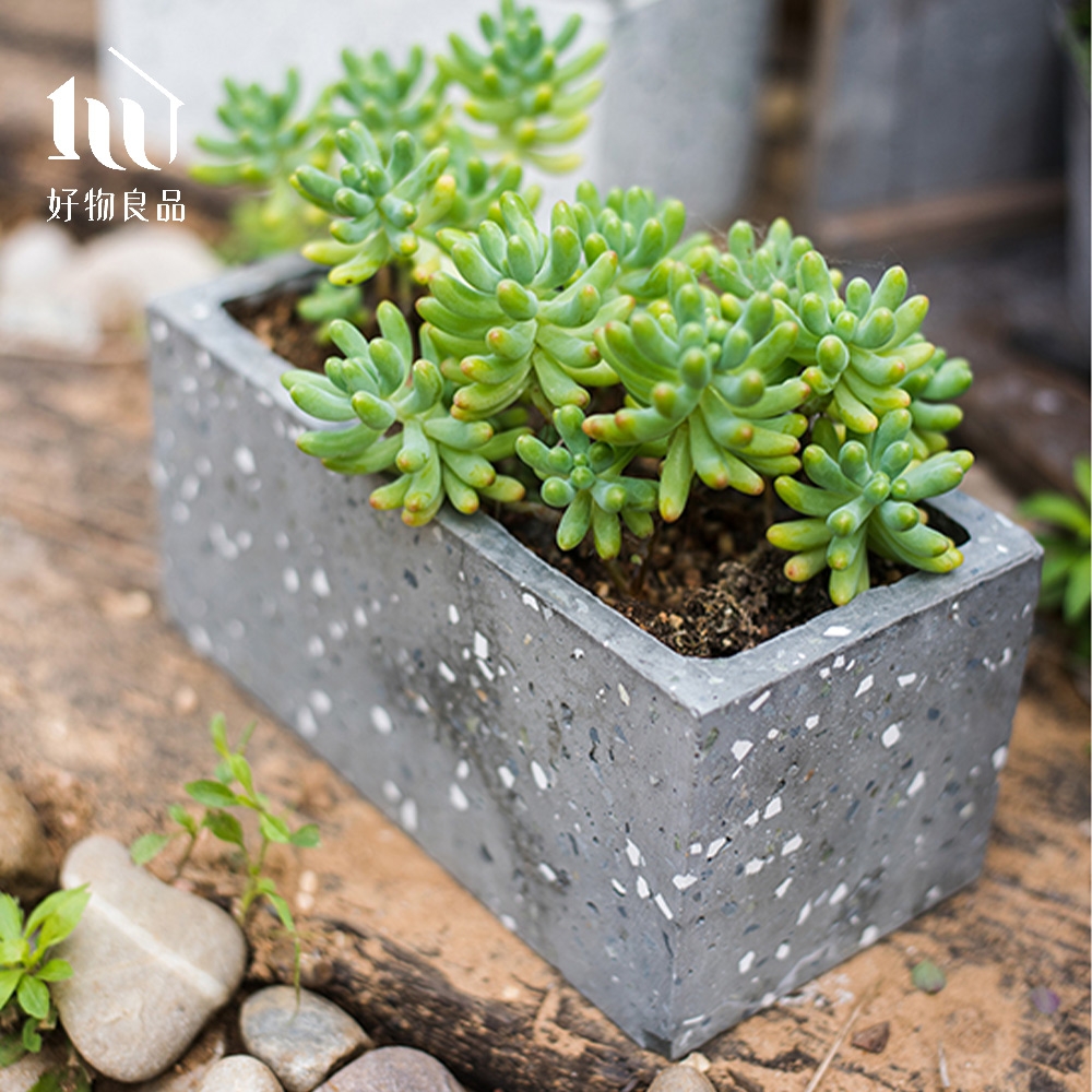 好物良品】長形水磨石手作水泥盆栽花盆花器(附十字花架｜陽台多肉植物
