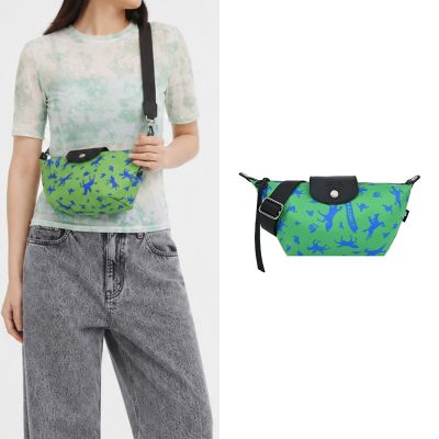 LONGCHAMP LE PLIAGE系列再生帆布奔馬撞色斜背包(迷你/野草綠)