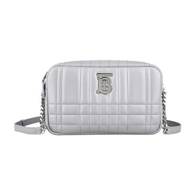 BURBERRY LOLA 金屬TB字LOGO小羊皮格紋縫線拉鍊斜背相機包(灰)