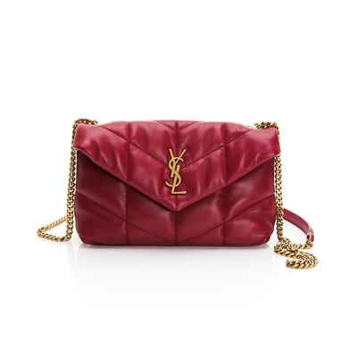 YSL Loulou Mini Puffer 小羊皮菱格紋縫線翻蓋鍊帶肩揹包/雲朵包(暗紅/金logo)