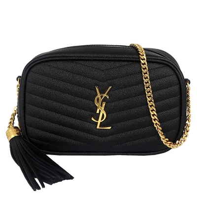 YSL Saint Laurent聖羅蘭 YSL MONOGRAM 黑色V型縫線珍珠紋牛皮金字拉鍊小型斜背包