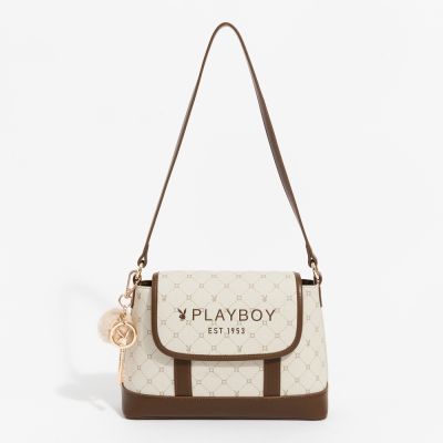 PLAYBOY - 斜背包附短背帶  Bunny Lattice系列 - 咖啡色