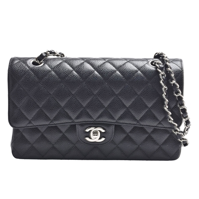CHANEL香奈兒 CHANEL 經典COCO菱格粒紋牛皮轉釦銀鍊轉釦肩背包(25cm黑色)