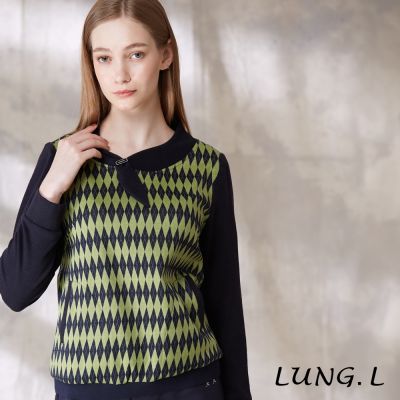 LUNG.L林佳樺 藍綠菱形格紋斜片領長袖女裝 LU18A