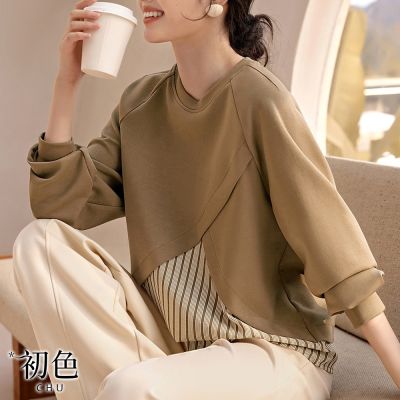 初色 假兩件拼接條紋圓領長袖T恤上衣-卡其色-33267(M-2XL可選)