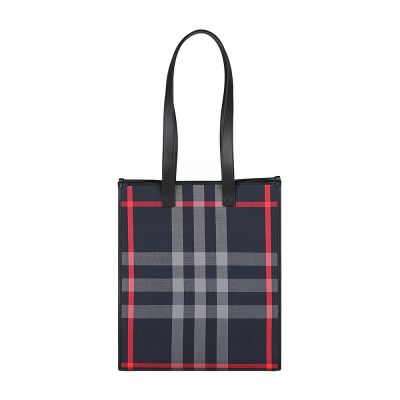 BURBERRY 小牛皮拼帆布Book Tote內標壓印LOGO格紋肩背托特包(中/藍x灰格紋)