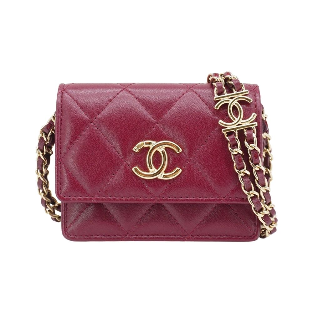 二手品 Chanel 香奈兒 VIC贈品 菱格羊皮雙鏈風琴卡包(AP0238-酒紅)