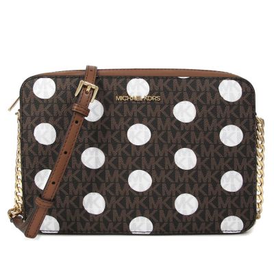 MICHAEL KORS Jet Set Item 金字Logo防刮波點鏈帶斜背相機包(咖啡色-大款)