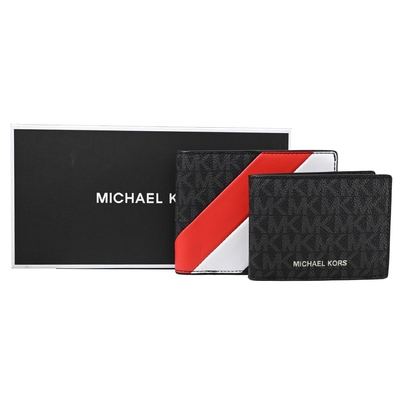 MICHAEL KORS COOPER 撞色條紋印花對開八卡短夾附活動夾禮盒組(黑灰/紅邊)