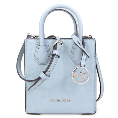 MICHAEL KORS Mercer 銀字大圓標霧霾藍色荔枝紋皮革迷你琴譜兩用包(新品瑕疵)