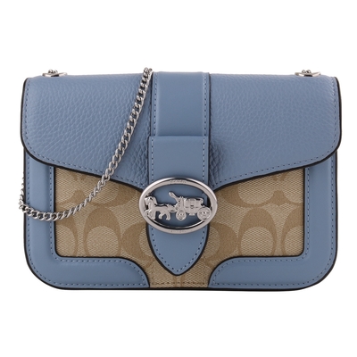 COACH 橢圓金屬馬車防刮鍊帶暗釦斜背包(淺卡其X水藍)小款