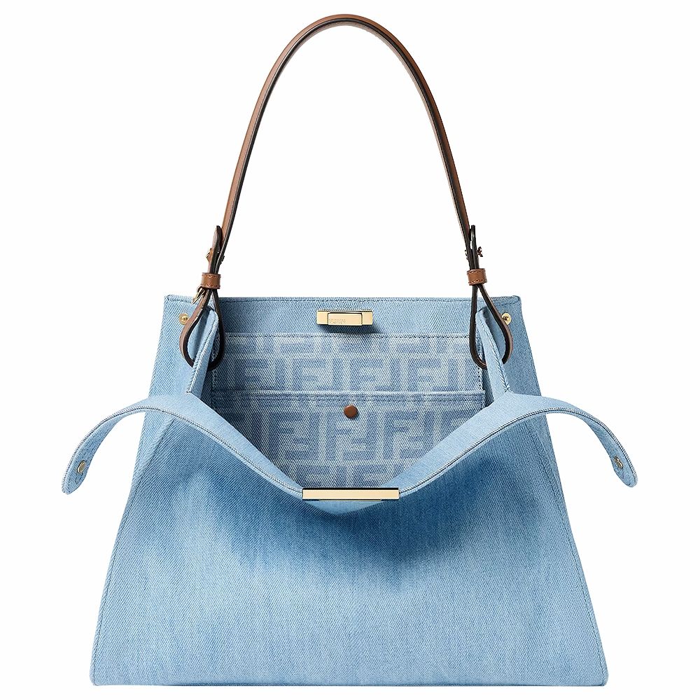 FENDI 芬迪 Way 中款 經典牛角鎖釦 水洗丹寧肩背托特包(淺藍)