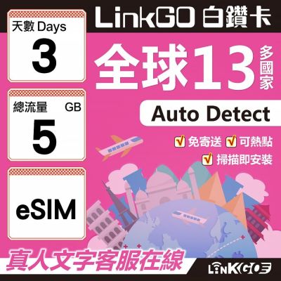 LINKGO白鑽卡 全球13國 eSIM卡 3天上網絡卡 總流量5GB(全球網絡卡 亞太區 紐西蘭 澳洲 通行無限)