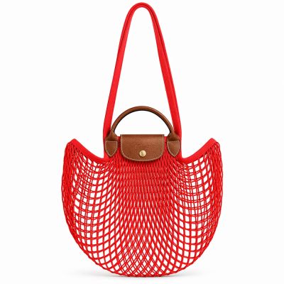 LONGCHAMP LE PLIAGE FILET系列網狀棉質手提/肩背兩用包(大/紅)