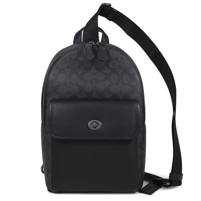 COACH 經典LOGO塗層帆布異材質拼接旋轉鎖釦前袋式單肩包(碳黑色/大)