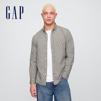 【GAP】標準版型彈性府綢襯衫-藍色格紋(856653)