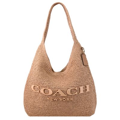 COACH Brooklyn 經典字母大立體LOGO草編HOBO單肩包(卡其)