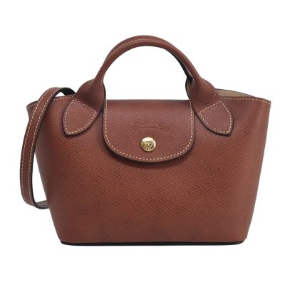 LONGCHAMP ÉPURE系列牛皮壓印手提/斜背兩用包(迷你/棕)