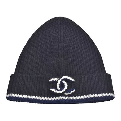 CHANEL 經典三色編織立體雙C LOGO喀什米爾羊絨毛帽(黑白藍)
