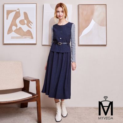 MYVEGA麥雪爾 MA棉質真三件式條紋牛仔背心八分裙套裝-深藍