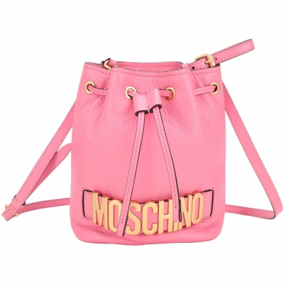 MOSCHINO 字母標誌荔枝紋牛皮手提/斜背水桶包(粉色)