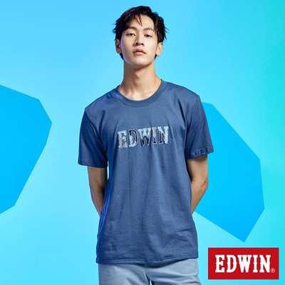 EDWIN 男裝 拼布LOGO短袖T恤-灰藍色