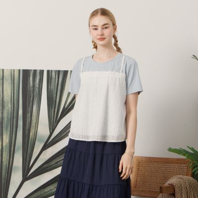 【MASTINA】假兩件蕾絲小背心短T 藍 米(魅力商品)