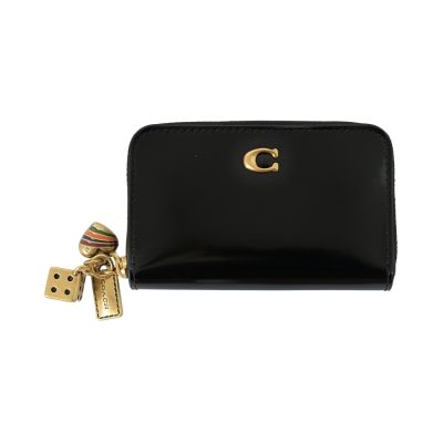 COACH 專櫃款ESSENTIAL 黑色鏡面漆皮金屬掛件裝飾零錢包