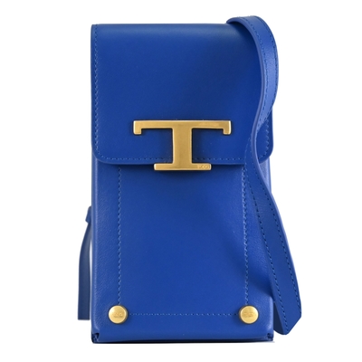 TOD’S T Timeless 金屬LOGO小牛皮斜背/手機包(寶藍)
