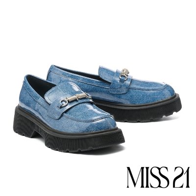 厚底鞋 MISS 21 復古學院風丹寧拼接彈簧釦樂福厚底鞋-藍