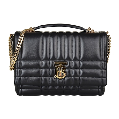 BURBERRY 巴寶莉 LOLA TB浮雕LOGO絎縫學院風設計小羊皮扣式手提斜背兩用包(小/黑)