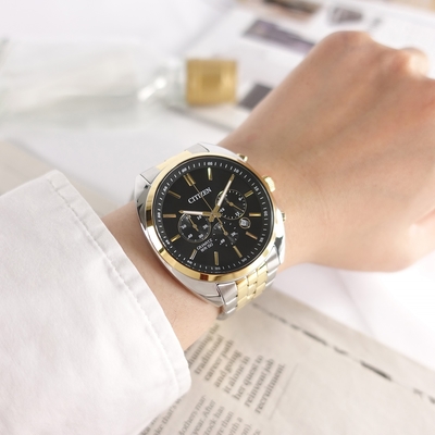 CITIZEN 星辰錶 / AN8214-55E / 經典商務 三眼計時 日期 不鏽鋼手錶/黑x鍍金-42mm