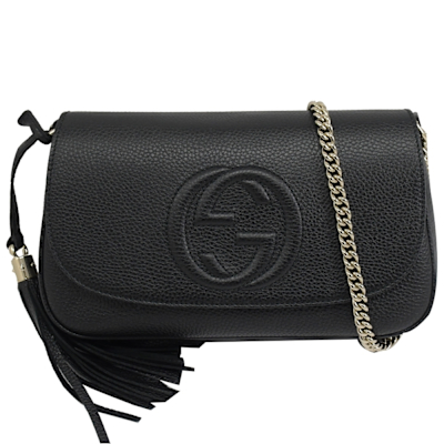 GUCCI 古馳 Soho 系列大LOGO翻蓋斜背鍊包(黑)