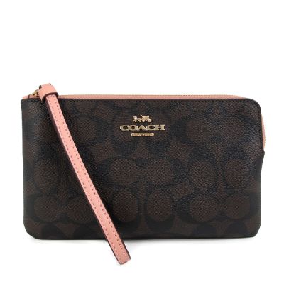 COACH 金馬車防潑水LOGO咖貝粉色提掛式大手拿包(新品瑕疵)