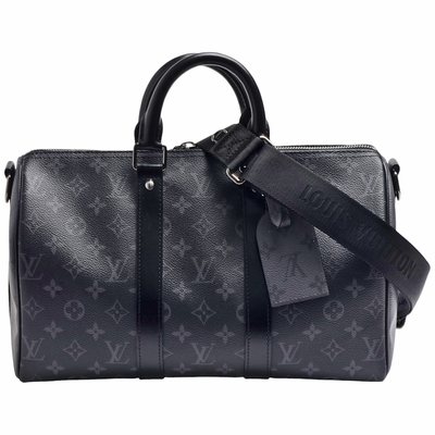 LV Louis Vuitton路易威登 M46655經典Keepall Bandoulière 35 Eclipse帆布手提/斜背包(黑色)