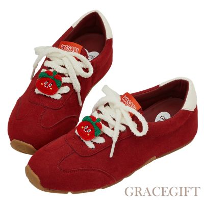 【Grace Gift】Wasabi Bear-復古辣椒醬熊休閒運動鞋(附彩色鞋帶) 深紅