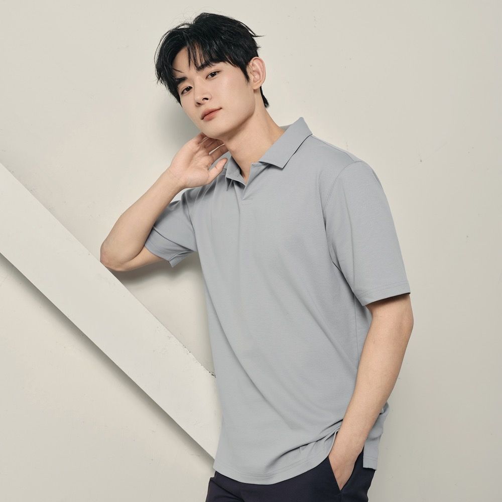 GIORDANO 韓國同款 男裝V領修身短袖POLO衫【多色任選】 (14 淺灰)