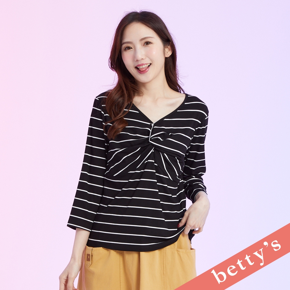 betty’s貝蒂思　胸前扭轉打結條紋V領T-shirt(黑色) (黑色)