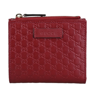 GUCCI 古馳 壓印GG字LOGO質感牛皮7卡拉鍊袋釦式對開短夾(紅)