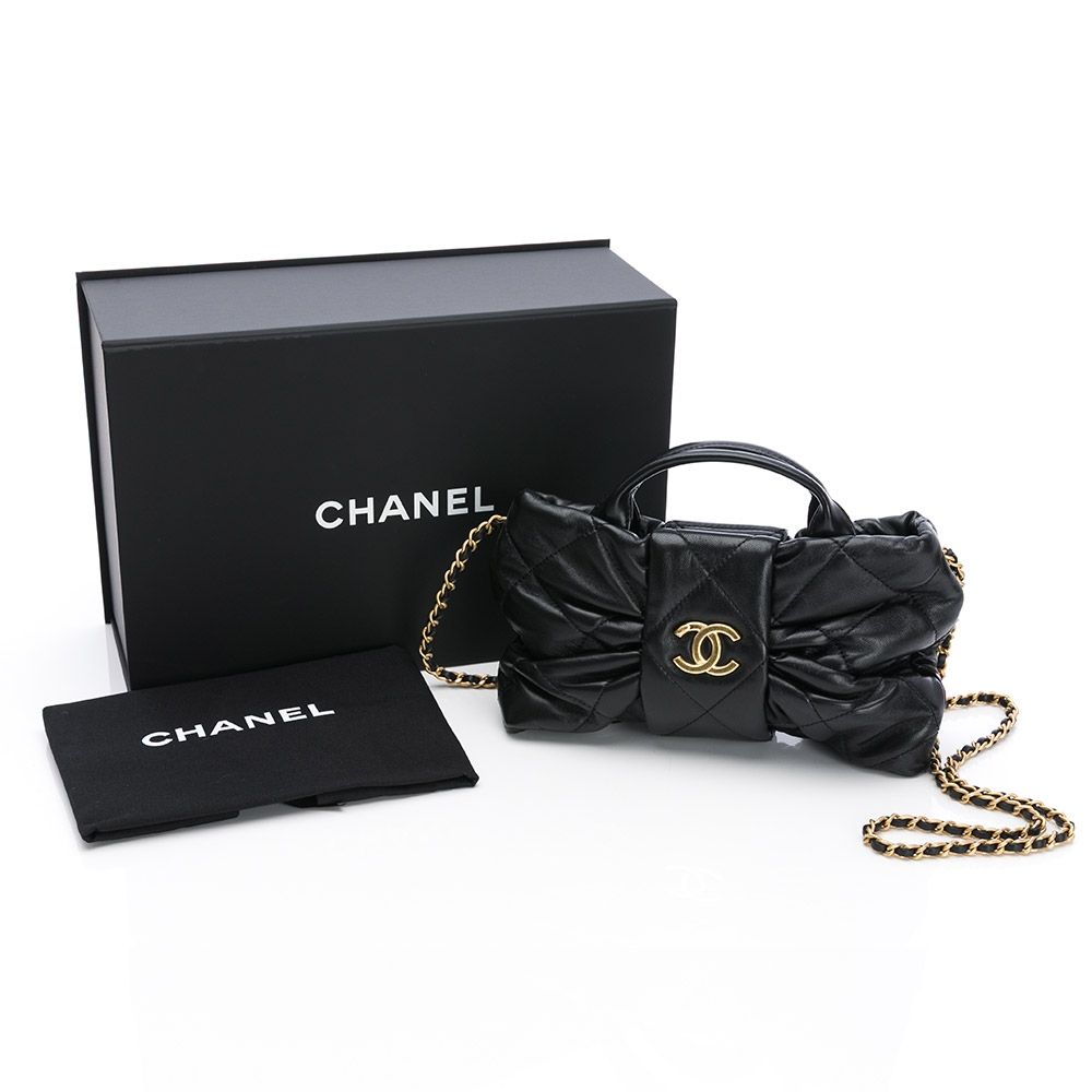 CHANEL 香奈兒 25K 迷你蝴蝶結包(黑/金) (亮面小羊皮/金黑雙色鏈帶)