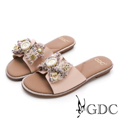 GDC-華麗小香毛呢風格平底拖鞋-粉