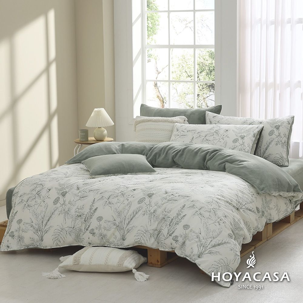 HOYACASA 雙人雪棉絨兩用被床包組-綠意花萱