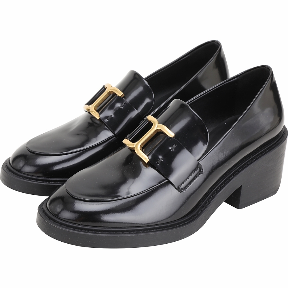 CHLOE 蔻依 Marcie 金屬扣環漆皮粗跟樂福鞋(黑色/6CM)