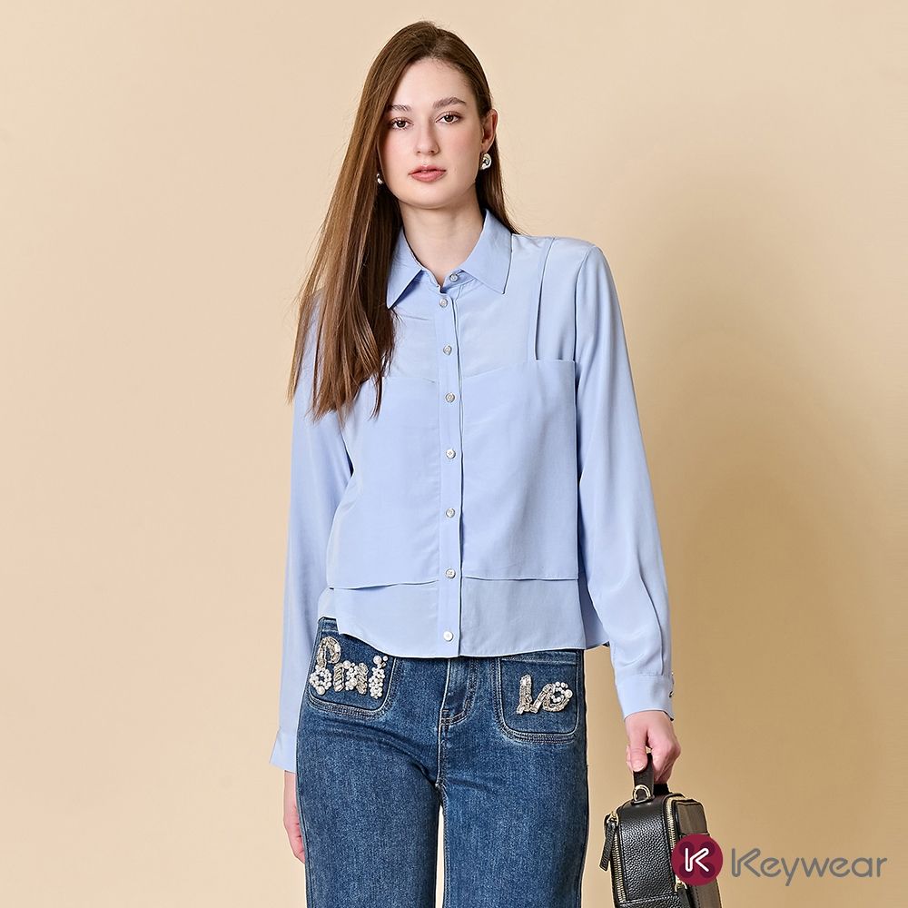 KeyWear奇威名品 清新層次感長袖襯衫(共2色)-水藍色